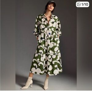 Anthropologie Green and White Bettina Floral Maxi Shirt Dress